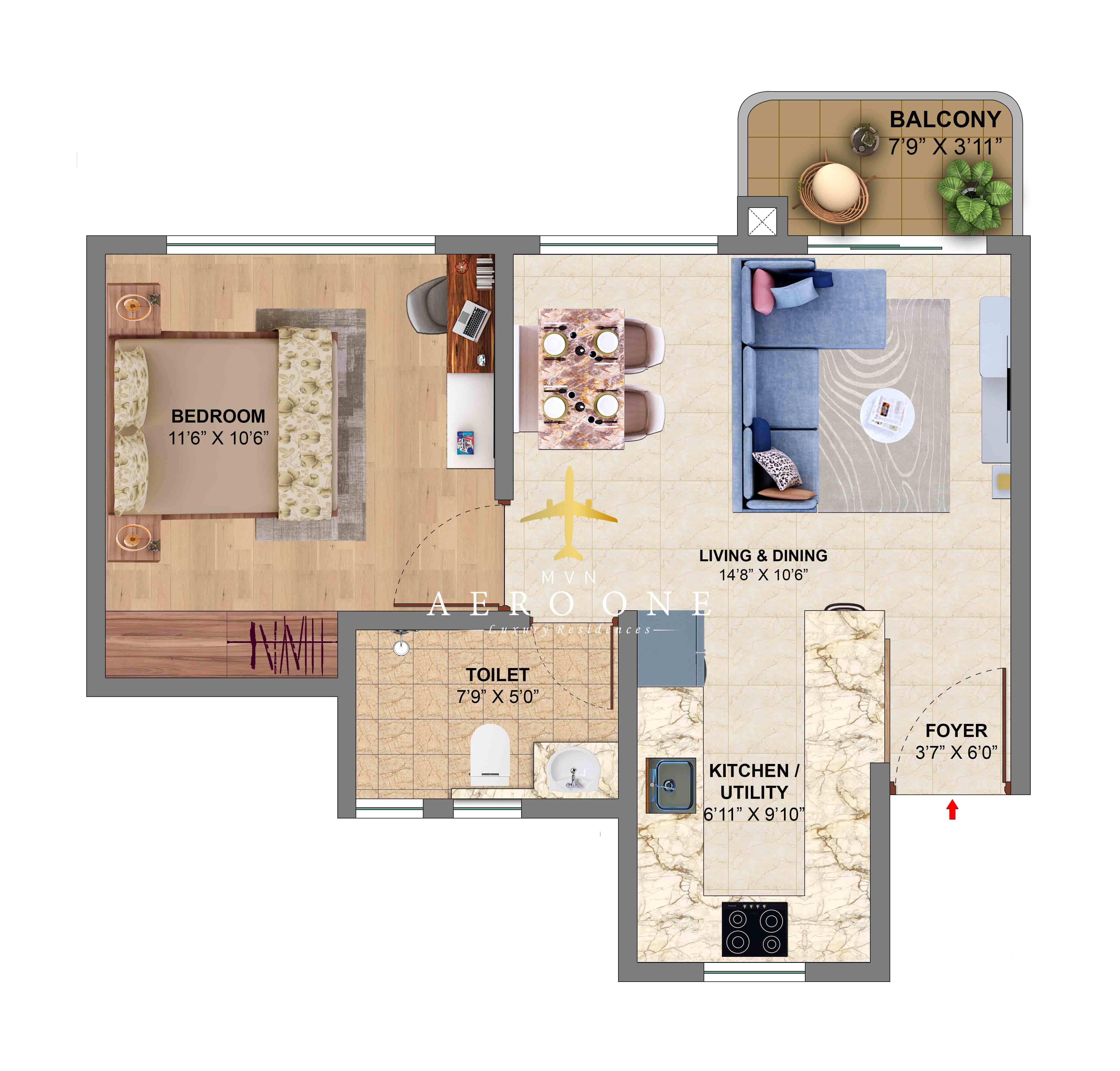 1bhk flat floor plan -MVN Aero One